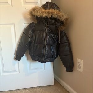 Marc Andre New York, Children’s Black Leather Puffer Jacket with Fur Hood
